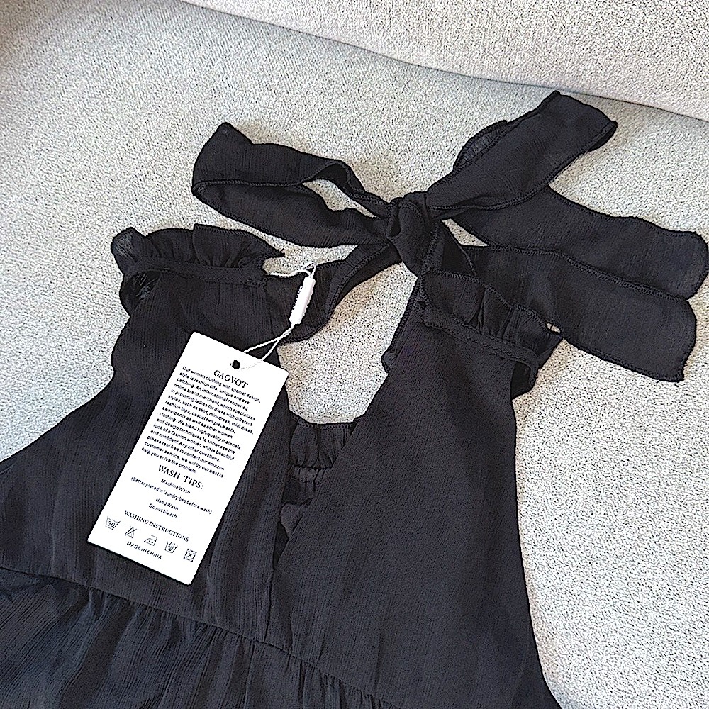 GAOVOT MULTI-TIERED DRESS.  RUFFLED NECKLINE WITH BACK BOW STRAPS.  BLACK. S